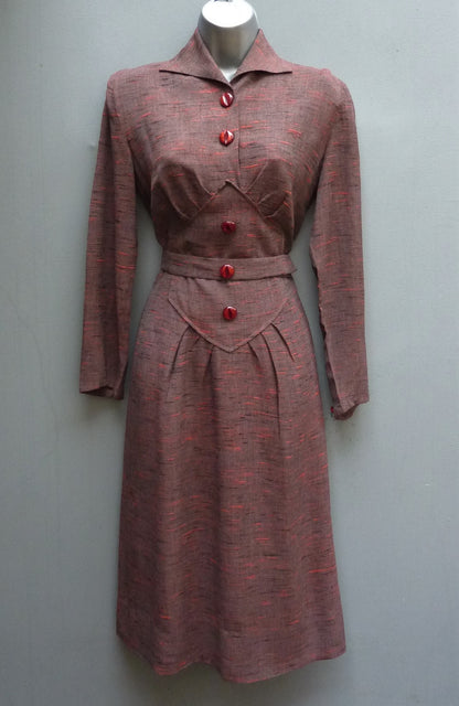 Vintage 1940s 1950s Dress Orange Red Grey Brown Slubby Flecked Rayon UK XS