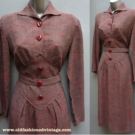 Vintage 1940s 1950s Dress Orange Red Grey Brown Slubby Flecked Rayon UK XS