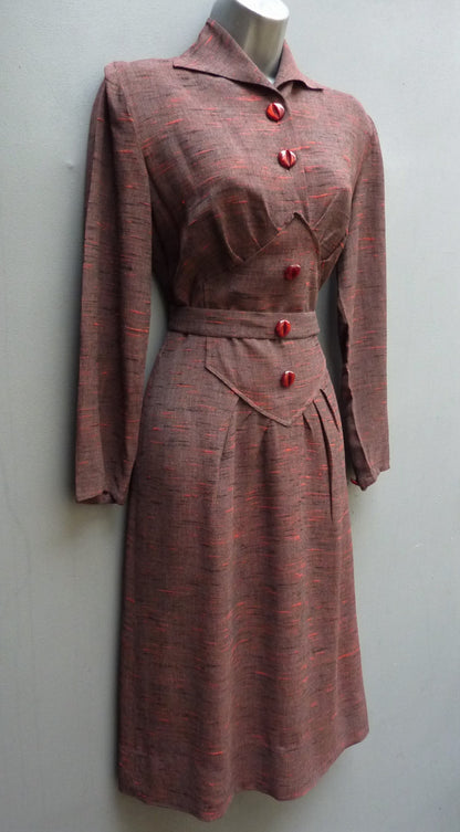 Vintage 1940s 1950s Dress Orange Red Grey Brown Slubby Flecked Rayon UK XS