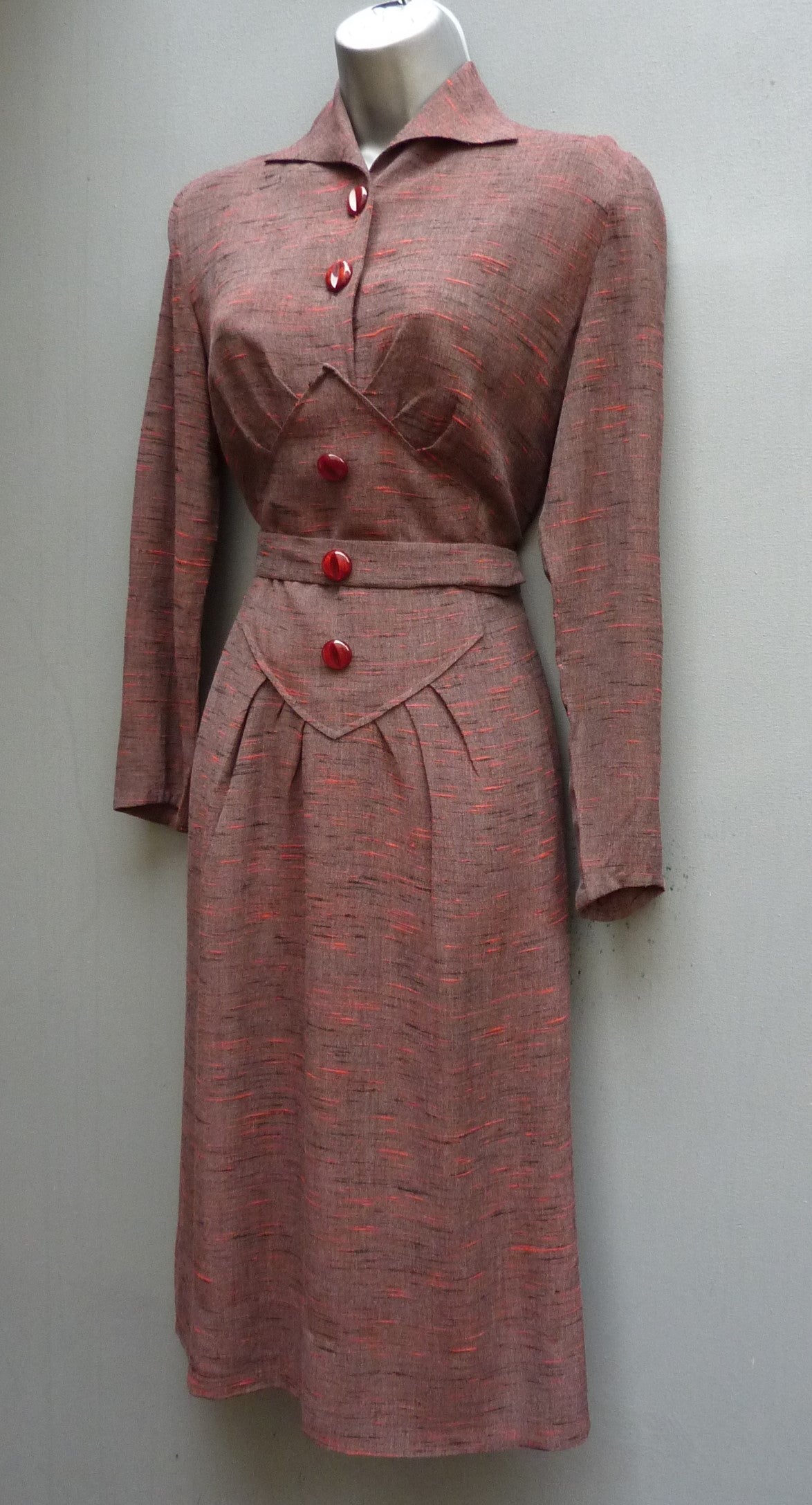 Vintage 1940s 1950s Dress Orange Red Grey Brown Slubby Flecked Rayon UK XS