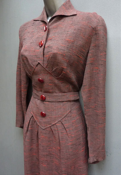 Vintage 1940s 1950s Dress Orange Red Grey Brown Slubby Flecked Rayon UK XS