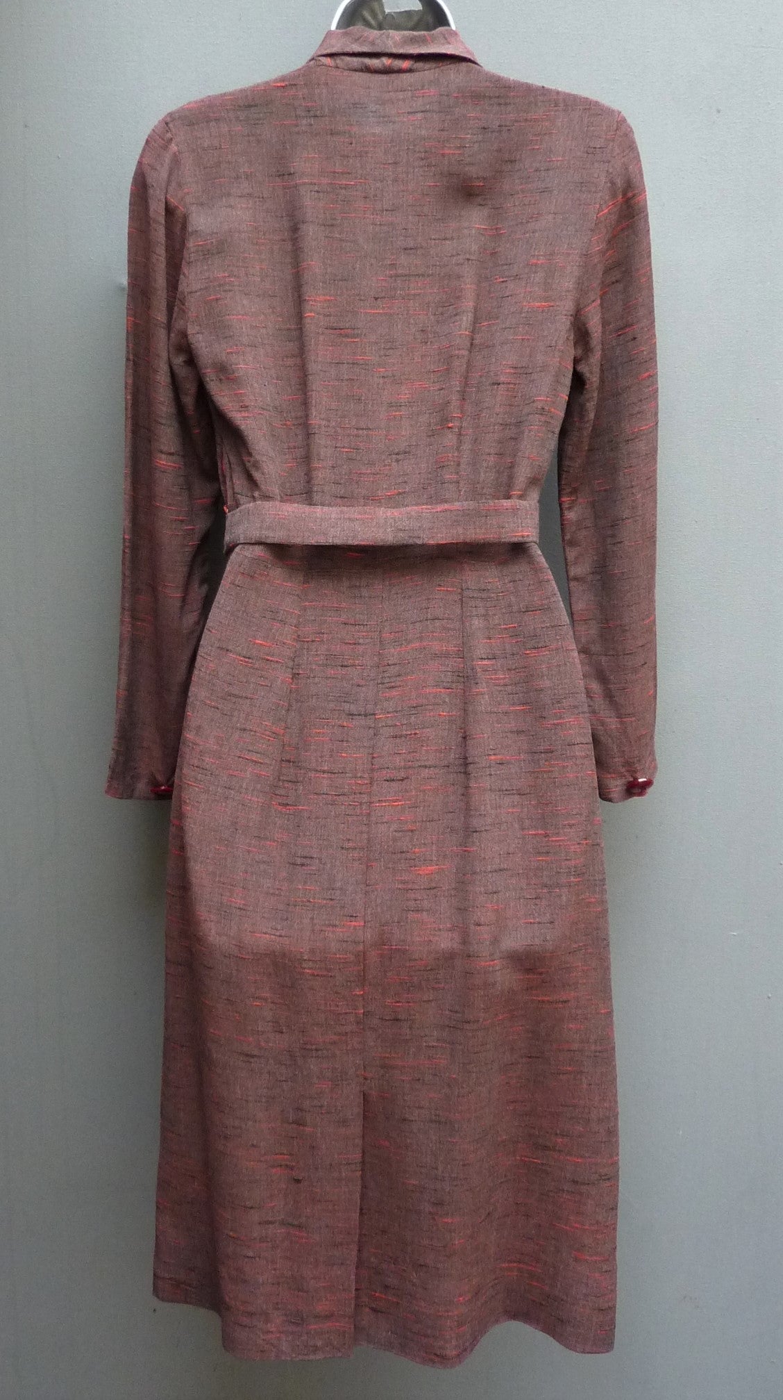 Vintage 1940s 1950s Dress Orange Red Grey Brown Slubby Flecked Rayon UK XS