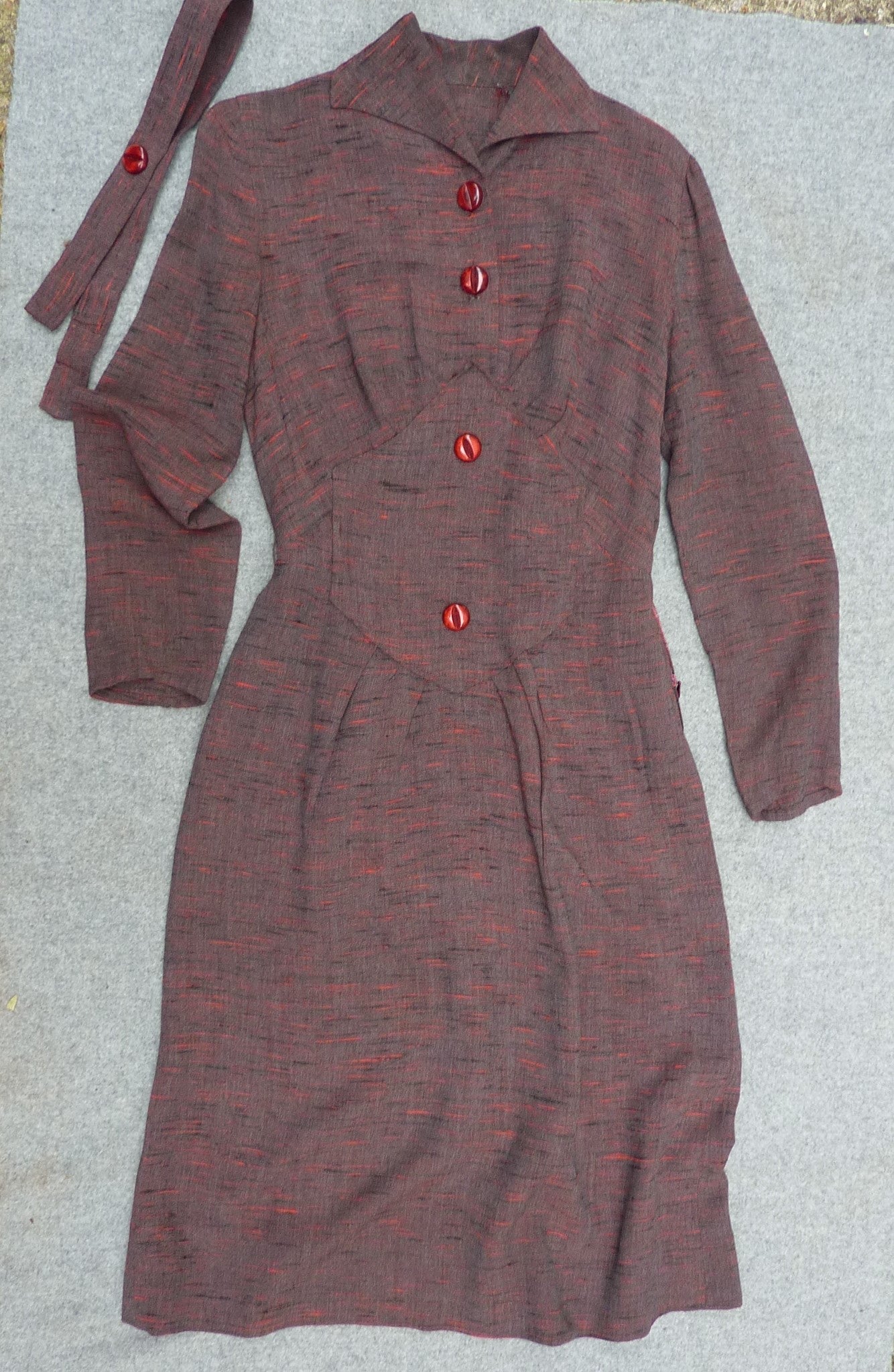 Vintage 1940s 1950s Dress Orange Red Grey Brown Slubby Flecked Rayon UK XS