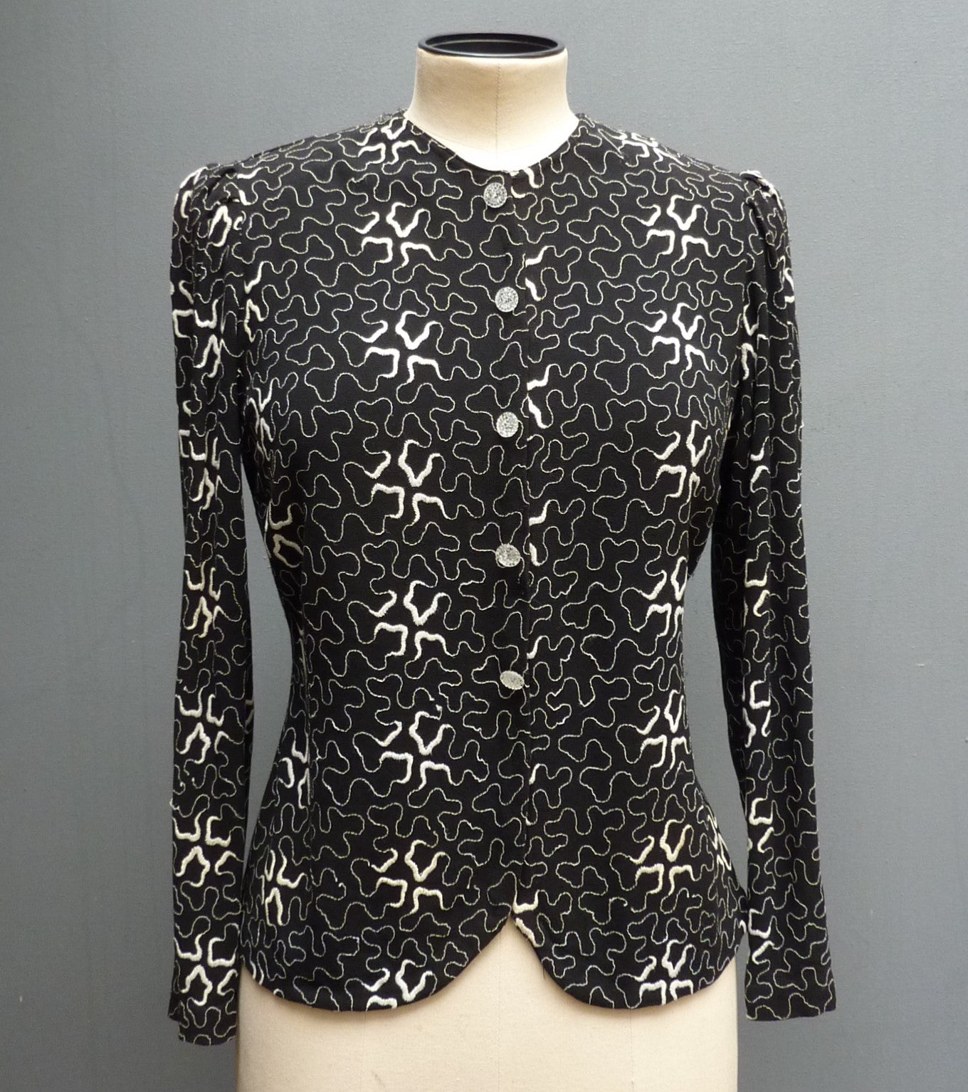 1930s Vintage Squiggle Embroidered Blouse Jacket Black Crepe UK S