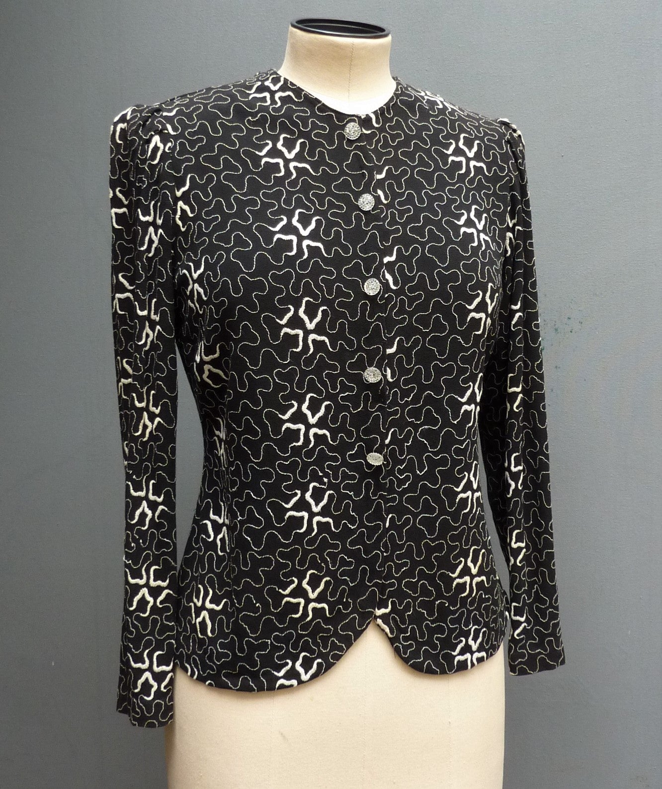 1930s Vintage Squiggle Embroidered Blouse Jacket Black Crepe UK S