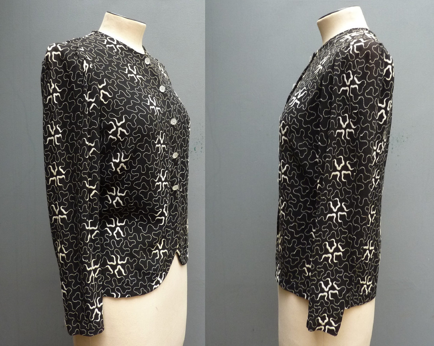 1930s Vintage Squiggle Embroidered Blouse Jacket Black Crepe UK S