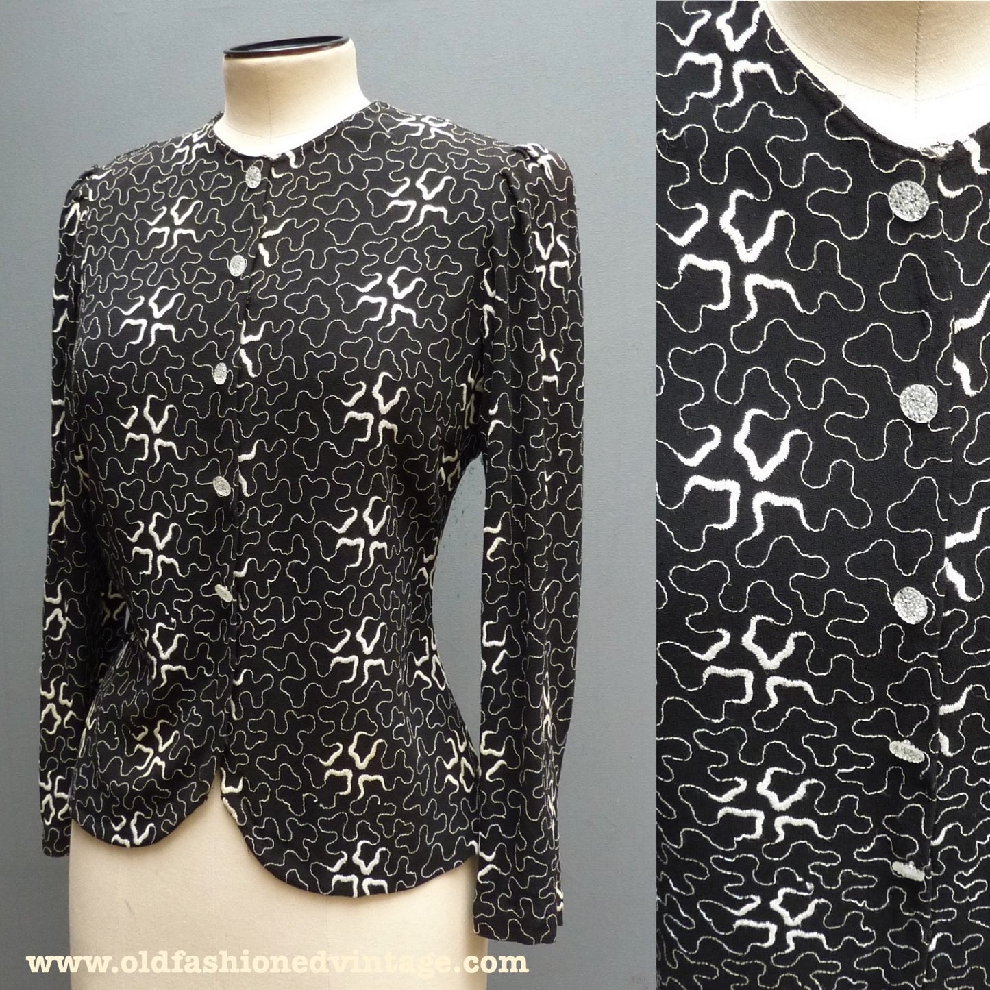 1930s Vintage Squiggle Embroidered Blouse Jacket Black Crepe UK S