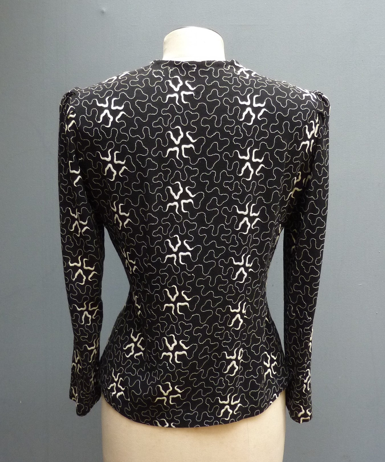 1930s Vintage Squiggle Embroidered Blouse Jacket Black Crepe UK S