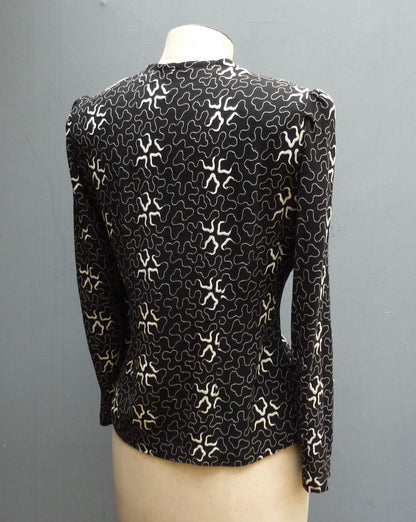 1930s Vintage Squiggle Embroidered Blouse Jacket Black Crepe UK S