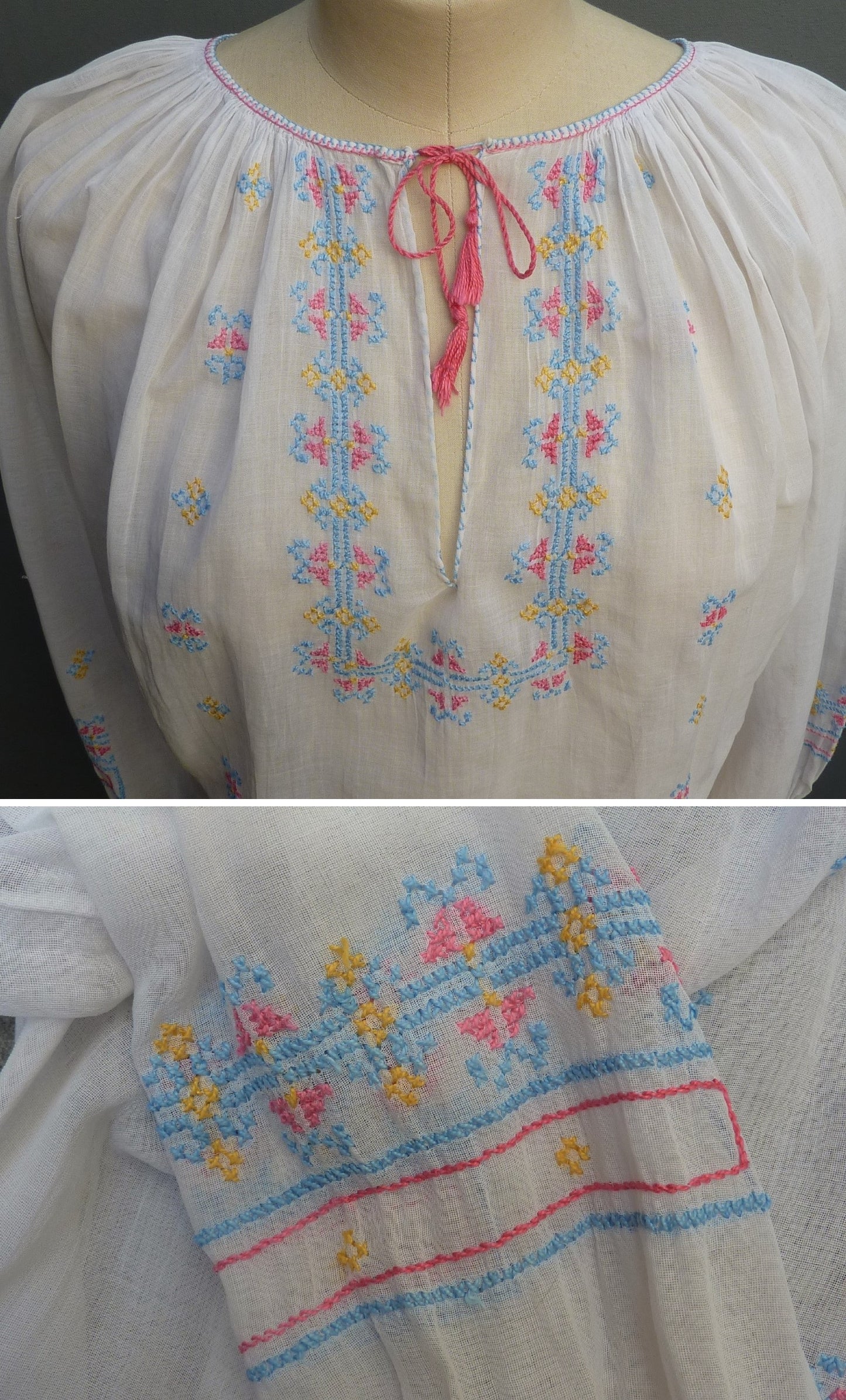 Vintage 1930s Hungarian Hand Embroidered Peasant Blouse UK M