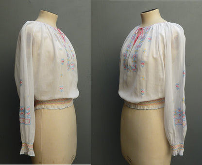 Vintage 1930s Hungarian Hand Embroidered Peasant Blouse UK M