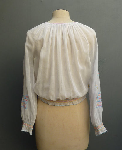 Vintage 1930s Hungarian Hand Embroidered Peasant Blouse UK M