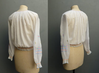 Vintage 1930s Hungarian Hand Embroidered Peasant Blouse UK M