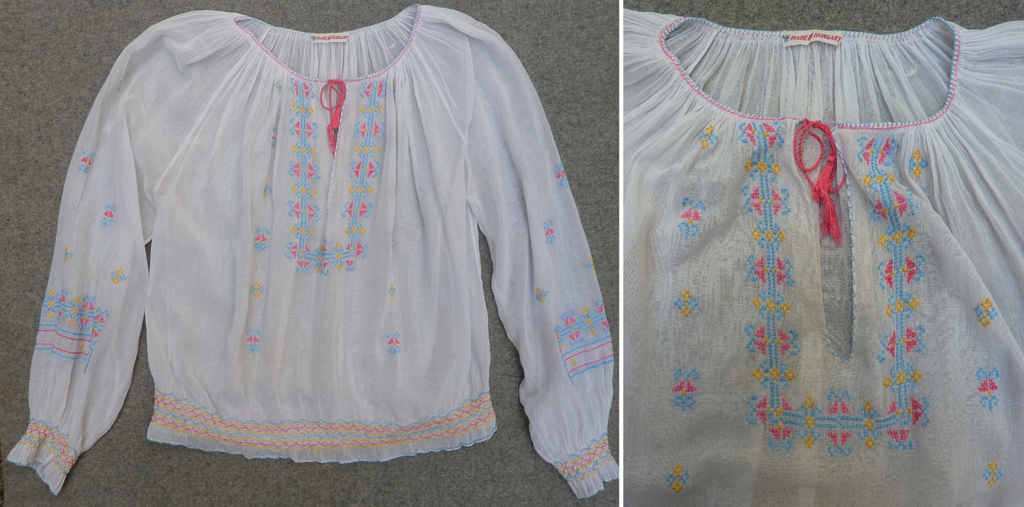 Vintage 1930s Hungarian Hand Embroidered Peasant Blouse UK M