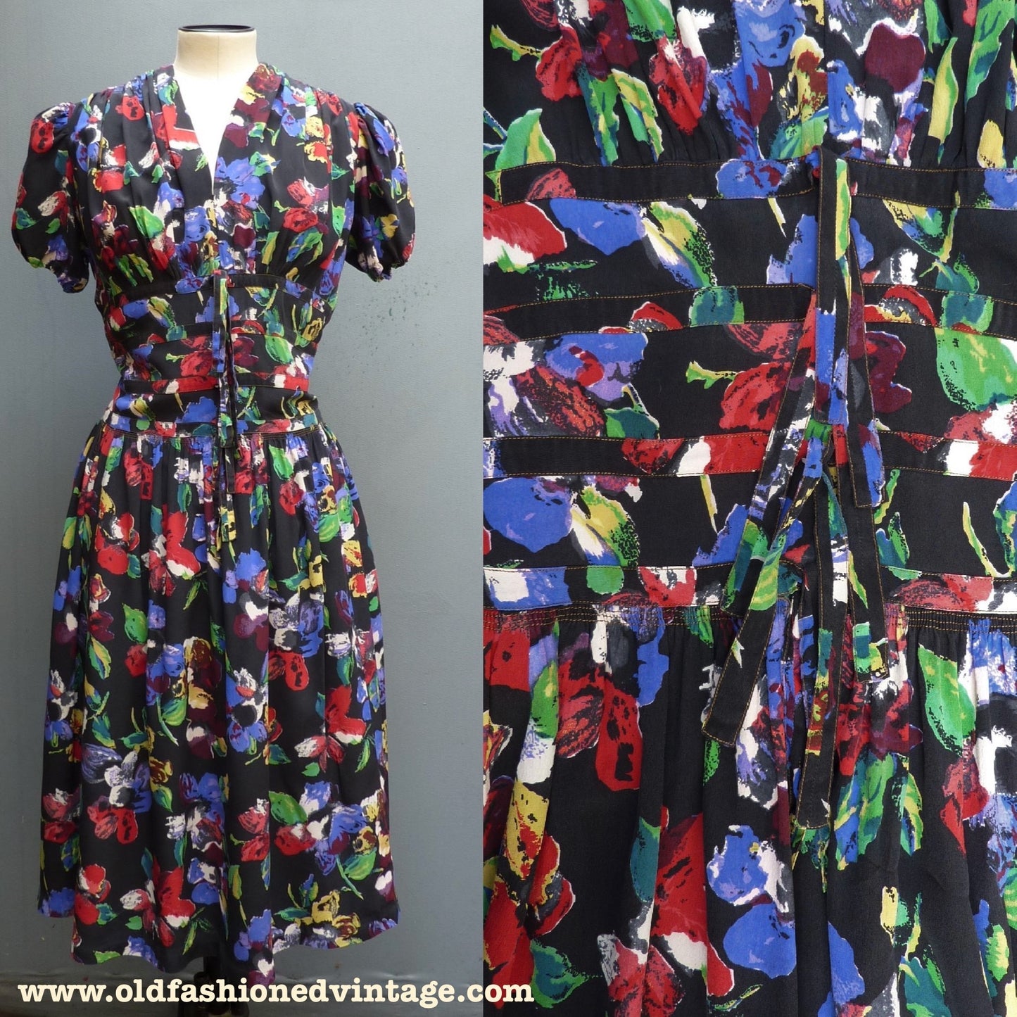 Vintage 1940s Dress Multicoloured Floral Print Black Silk Double Zip UK S