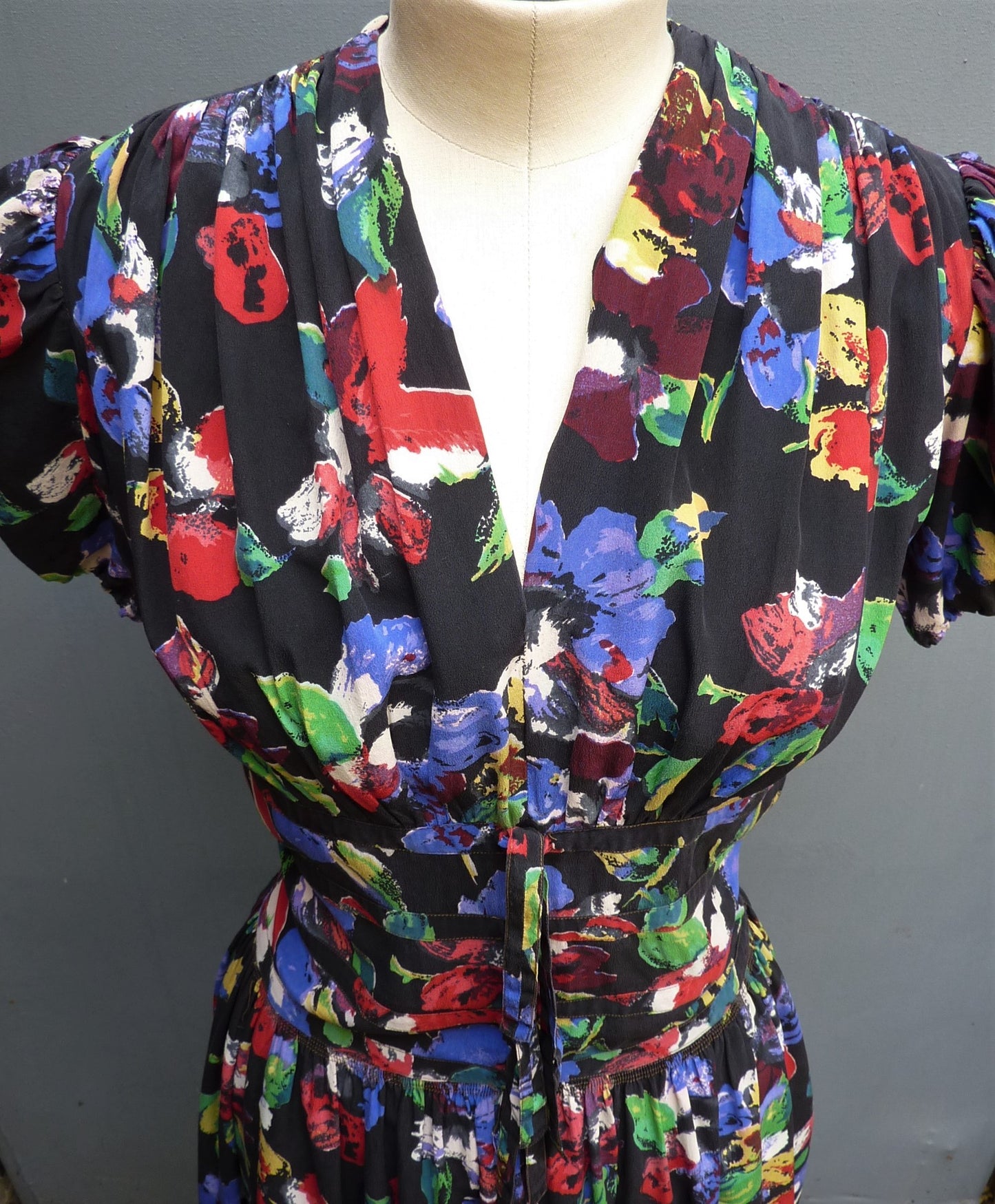 Vintage 1940s Dress Multicoloured Floral Print Black Silk Double Zip UK S