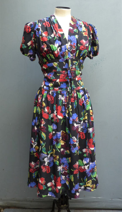 Vintage 1940s Dress Multicoloured Floral Print Black Silk Double Zip UK S