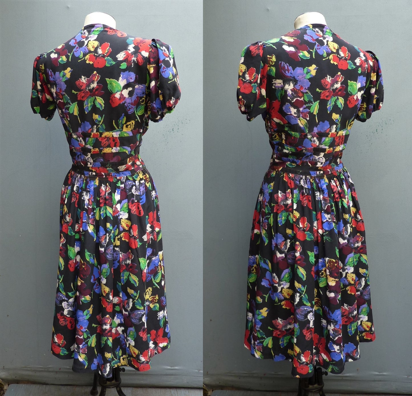 Vintage 1940s Dress Multicoloured Floral Print Black Silk Double Zip UK S