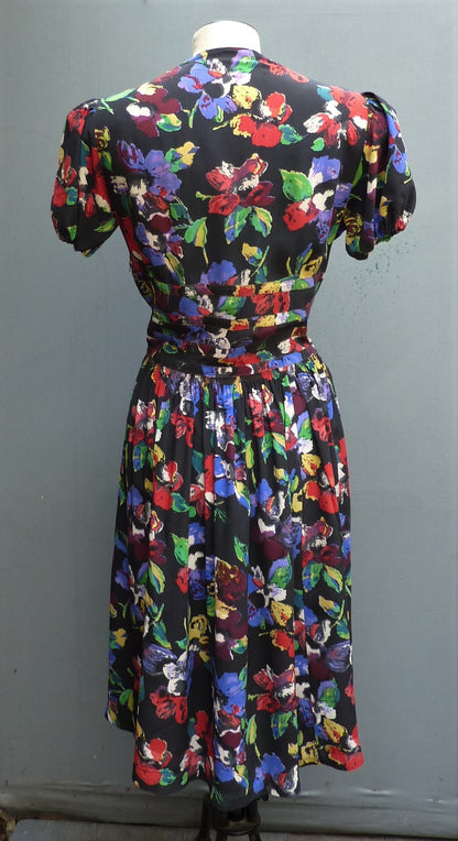 Vintage 1940s Dress Multicoloured Floral Print Black Silk Double Zip UK S