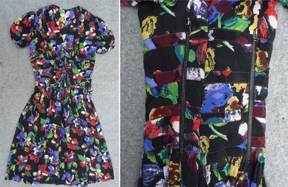 Vintage 1940s Dress Multicoloured Floral Print Black Silk Double Zip UK S