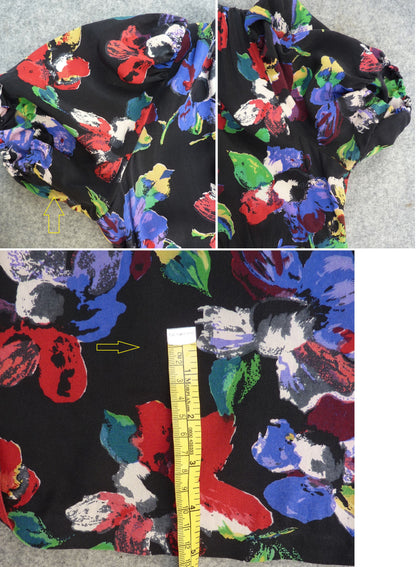 Vintage 1940s Dress Multicoloured Floral Print Black Silk Double Zip UK S