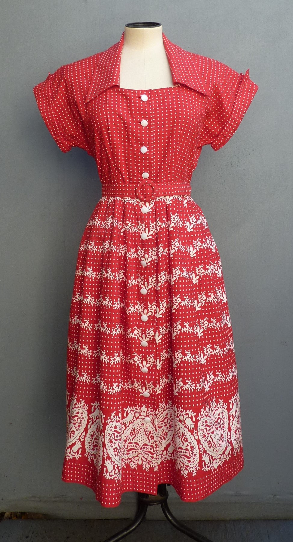 Vintage 1950s Shirt Dress Red Cotton Border Print UK S