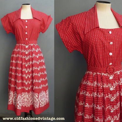 Vintage 1950s Shirt Dress Red Cotton Border Print UK S