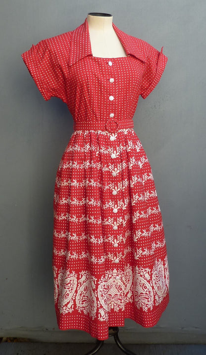 Vintage 1950s Shirt Dress Red Cotton Border Print UK S