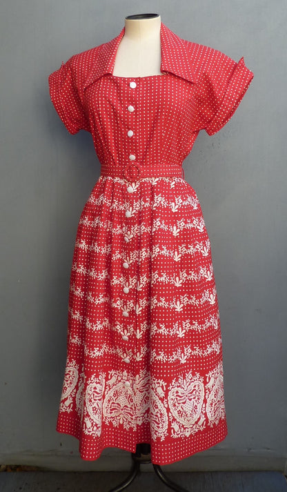 Vintage 1950s Shirt Dress Red Cotton Border Print UK S