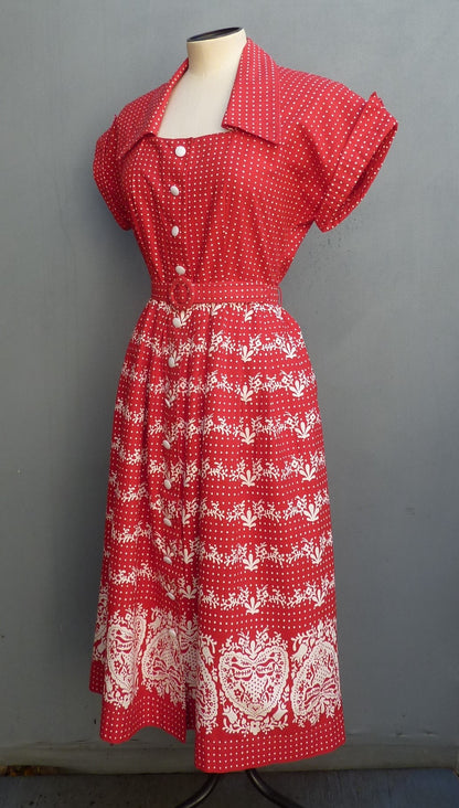 Vintage 1950s Shirt Dress Red Cotton Border Print UK S