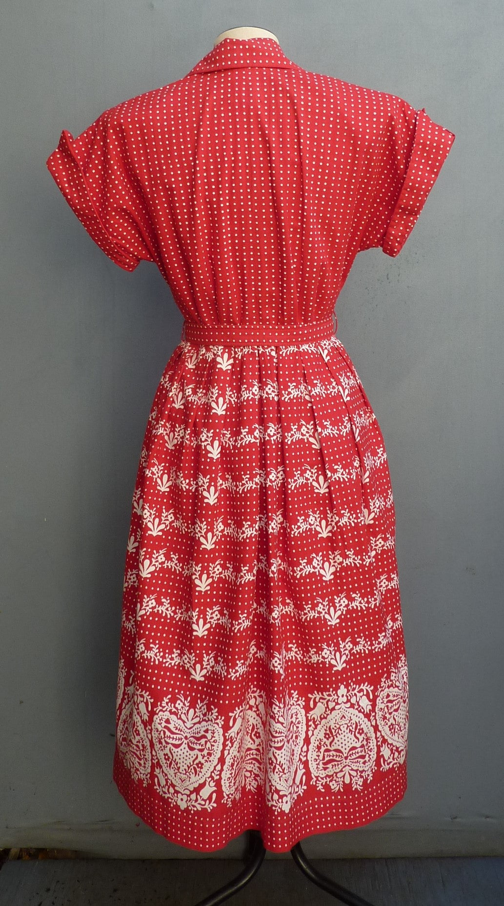 Vintage 1950s Shirt Dress Red Cotton Border Print UK S