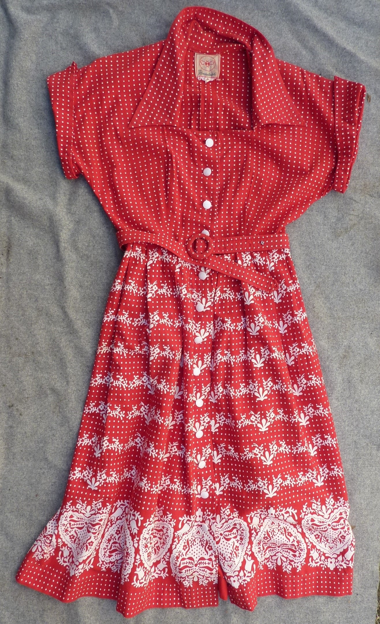 Vintage 1950s Shirt Dress Red Cotton Border Print UK S