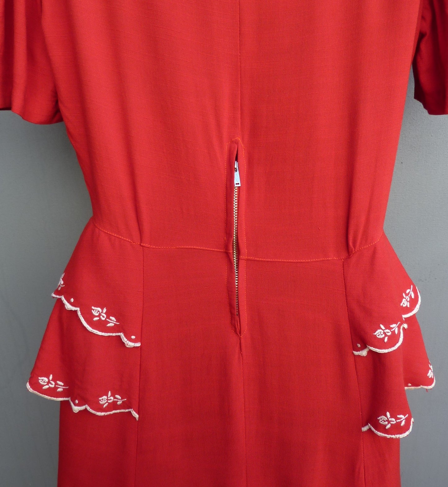 Vintage 1950s Red Rayon Dress Home Made Hand Embroidered Floral Scalloped Peplum UK S