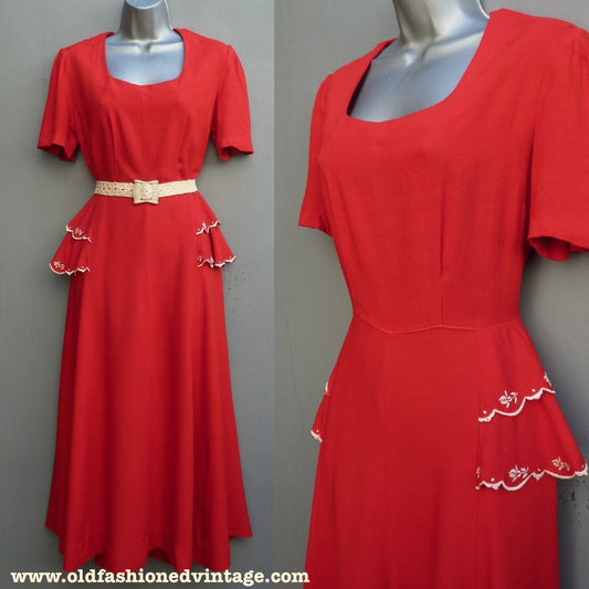 Vintage 1950s Red Rayon Dress Home Made Hand Embroidered Floral Scalloped Peplum UK S