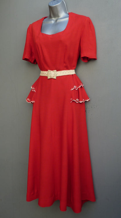 Vintage 1950s Red Rayon Dress Home Made Hand Embroidered Floral Scalloped Peplum UK S