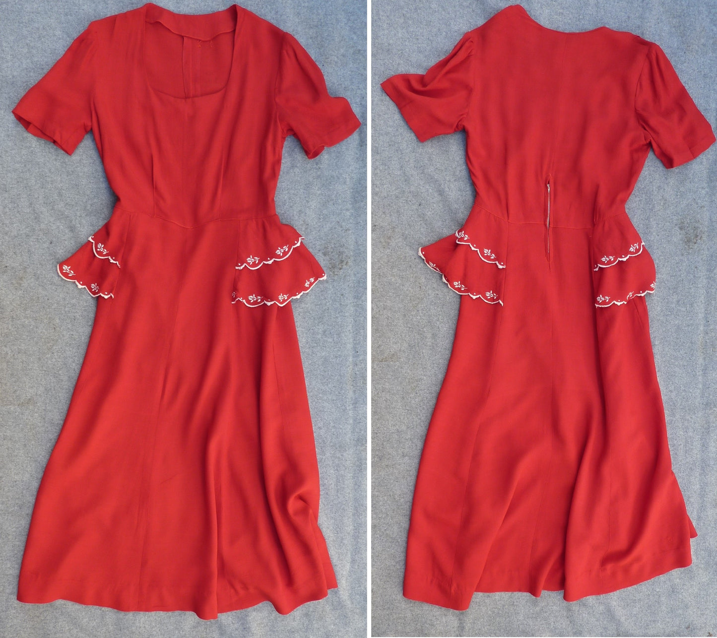 Vintage 1950s Red Rayon Dress Home Made Hand Embroidered Floral Scalloped Peplum UK S