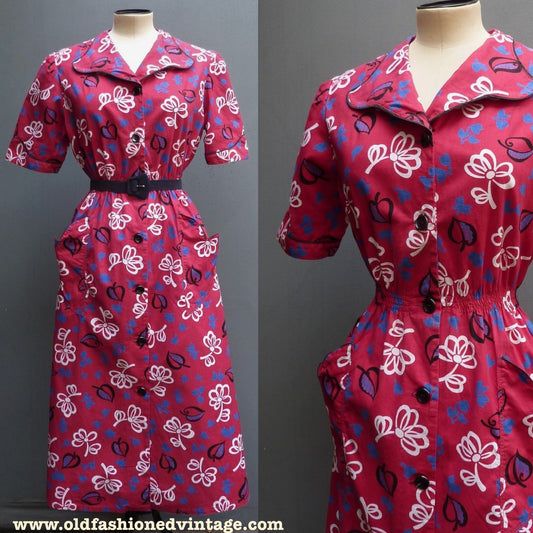 Vintage 1940s Cotton Shirt Dress Red White Blue Black Bold Floral UK S/M