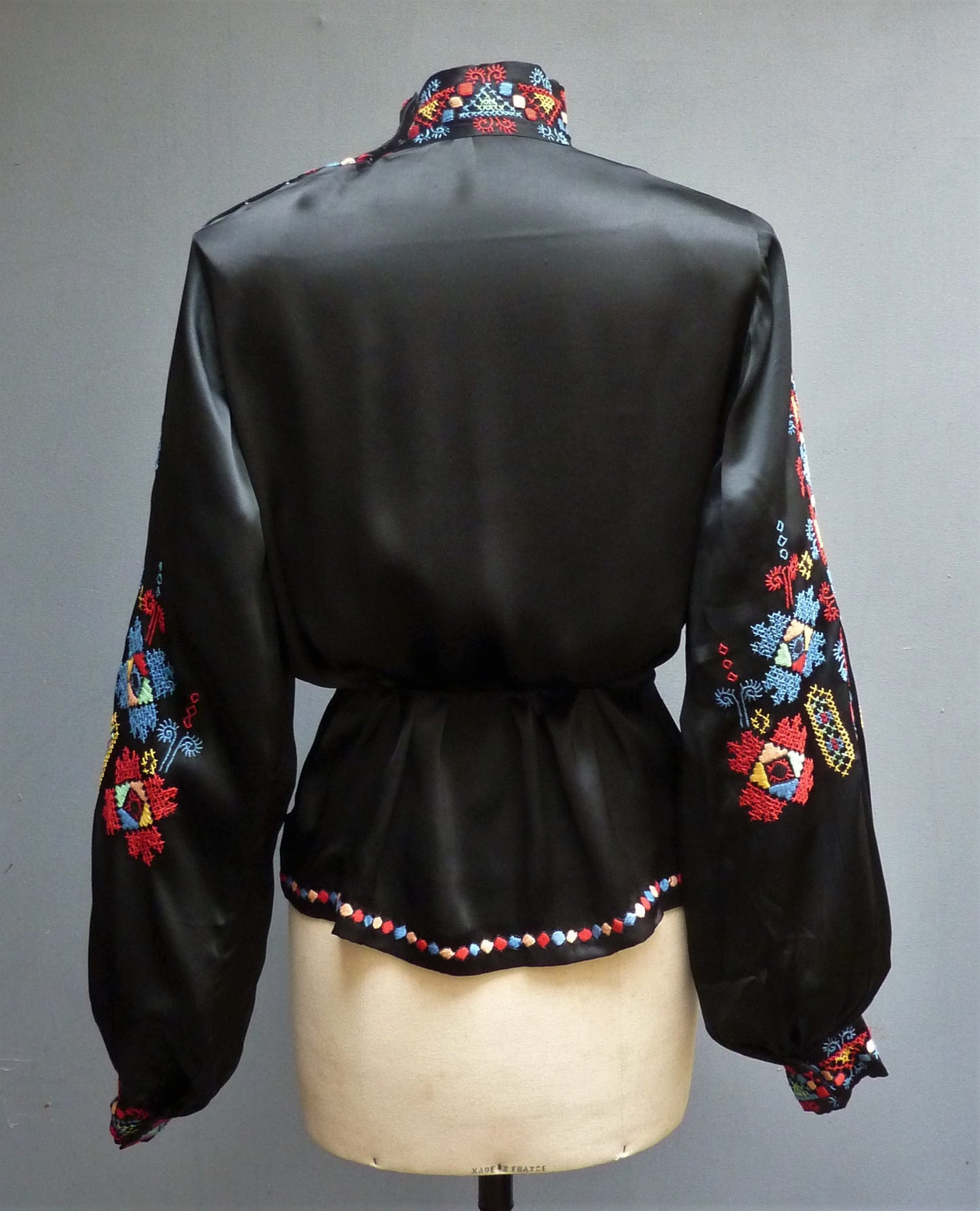 RARE Vintage 1930s Hungarian Hand Embroidered Peasant Blouse Black Satin UK M