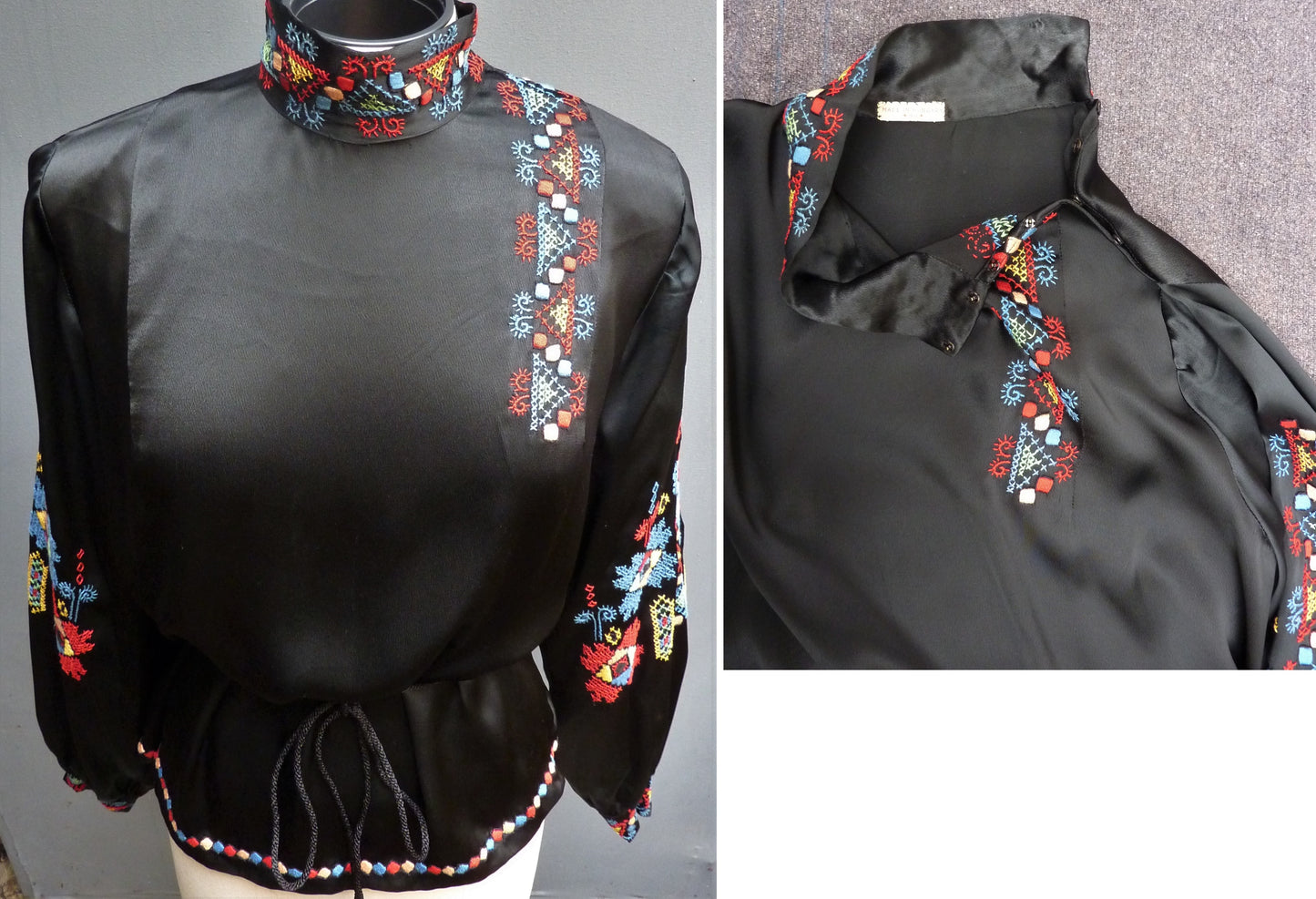 RARE Vintage 1930s Hungarian Hand Embroidered Peasant Blouse Black Satin UK M