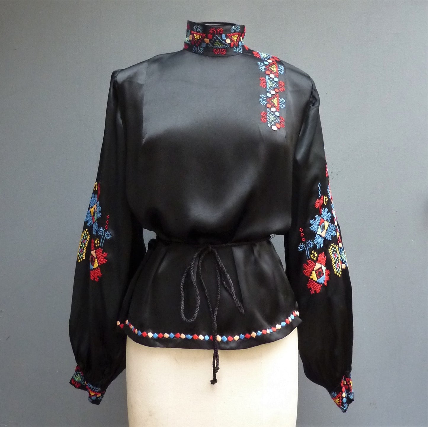 RARE Vintage 1930s Hungarian Hand Embroidered Peasant Blouse Black Satin UK M