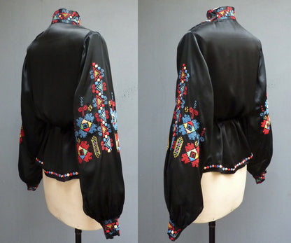 RARE Vintage 1930s Hungarian Hand Embroidered Peasant Blouse Black Satin UK M