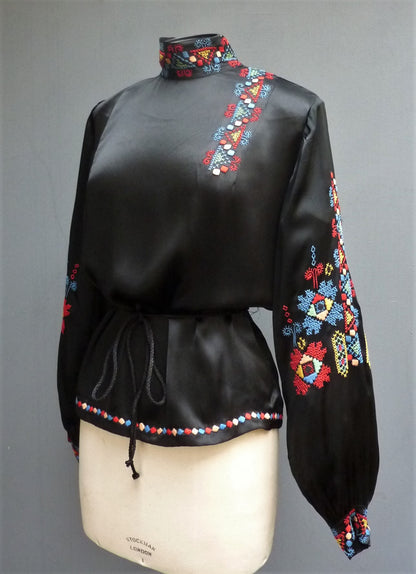 RARE Vintage 1930s Hungarian Hand Embroidered Peasant Blouse Black Satin UK M