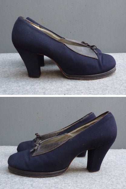 Vintage 1940s Shoes Navy Blue Fabric Platform Sole Heels UK 7