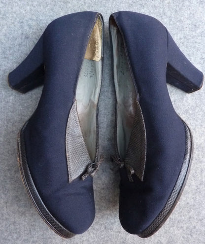 Vintage 1940s Shoes Navy Blue Fabric Platform Sole Heels UK 7