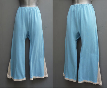 Rare 1930s 40s Jersey Pyjamas PJs Blue Embroidered Flared Wide Leg UK S