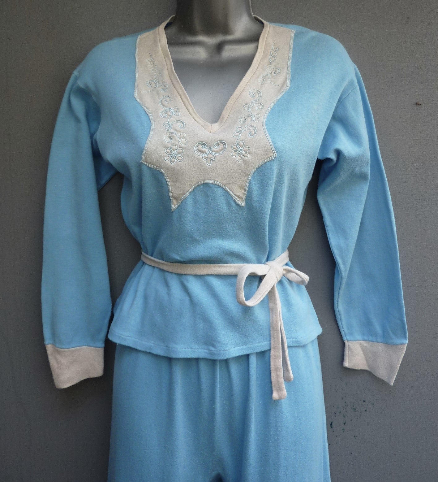 Rare 1930s 40s Jersey Pyjamas PJs Blue Embroidered Flared Wide Leg UK S