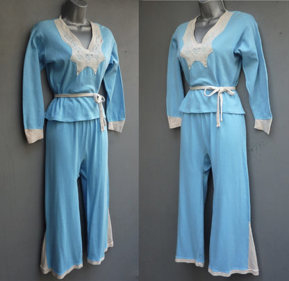 Rare 1930s 40s Jersey Pyjamas PJs Blue Embroidered Flared Wide Leg UK S