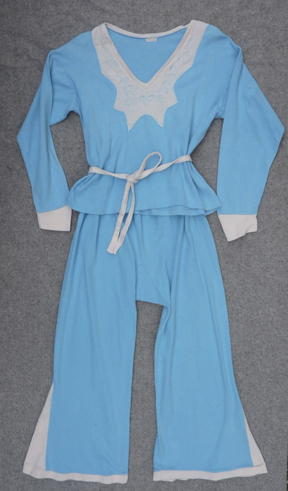 Rare 1930s 40s Jersey Pyjamas PJs Blue Embroidered Flared Wide Leg UK S