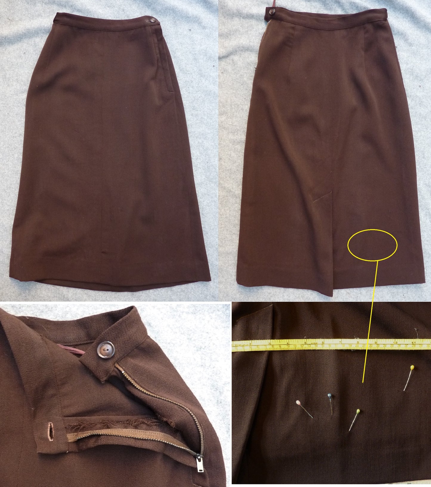 1940s American Suit Jacket Skirt Chocolate Brown Gabardine Wool UK XS