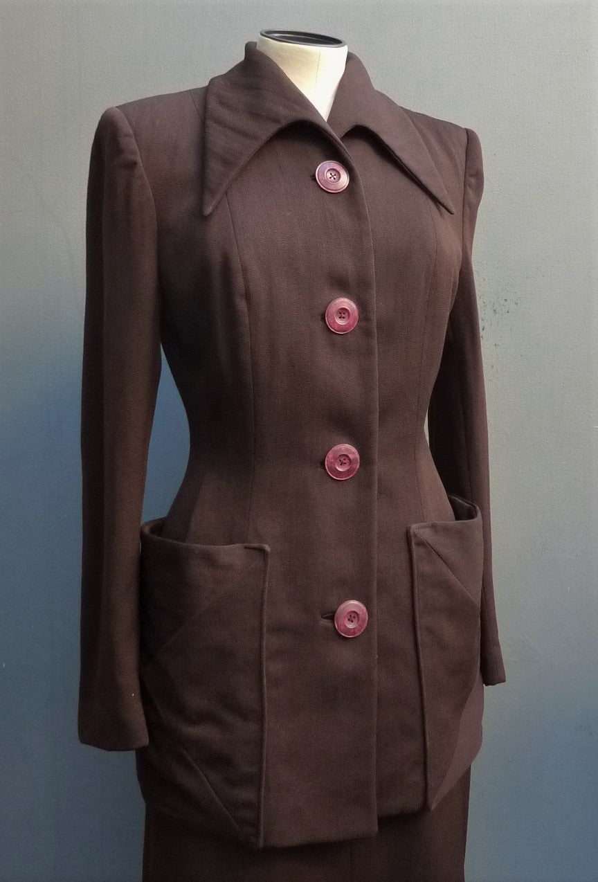 1940s American Suit Jacket Skirt Chocolate Brown Gabardine Wool UK XS